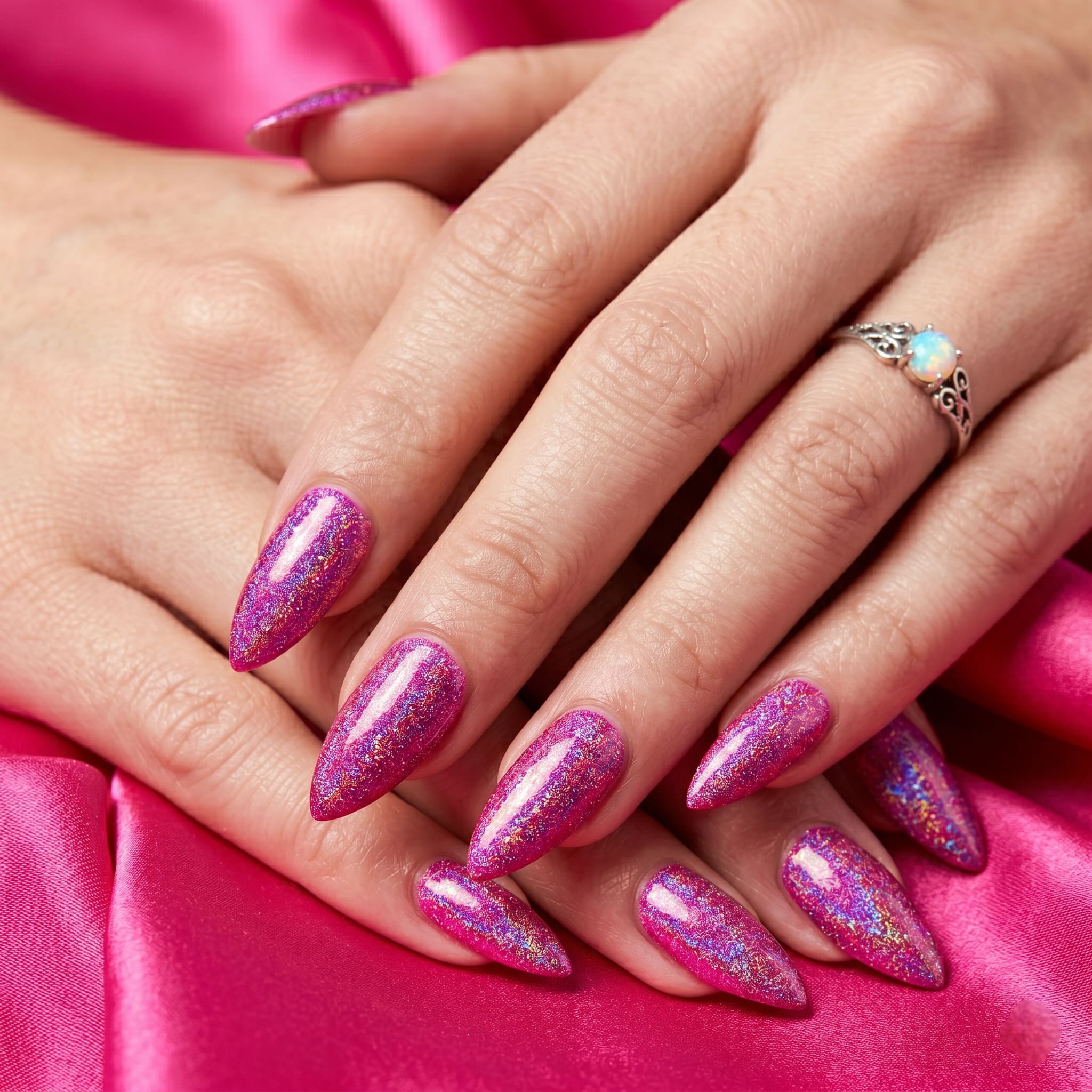 Canlı pembe magenta disco kalıcı oje uygulanmış bakımlı eller No.140D