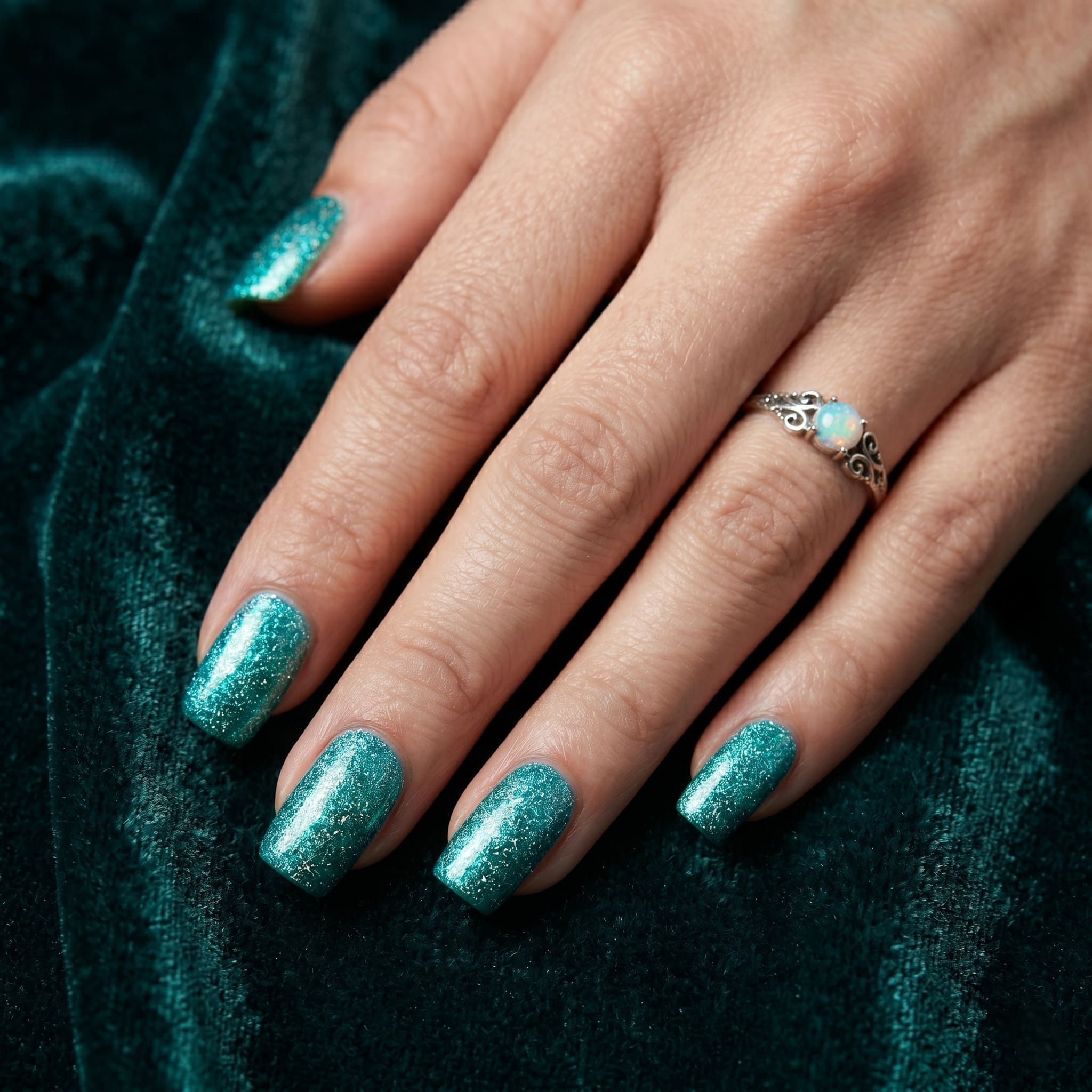 Teal aqua disco kalıcı oje uygulanmış bakımlı eller No.160D